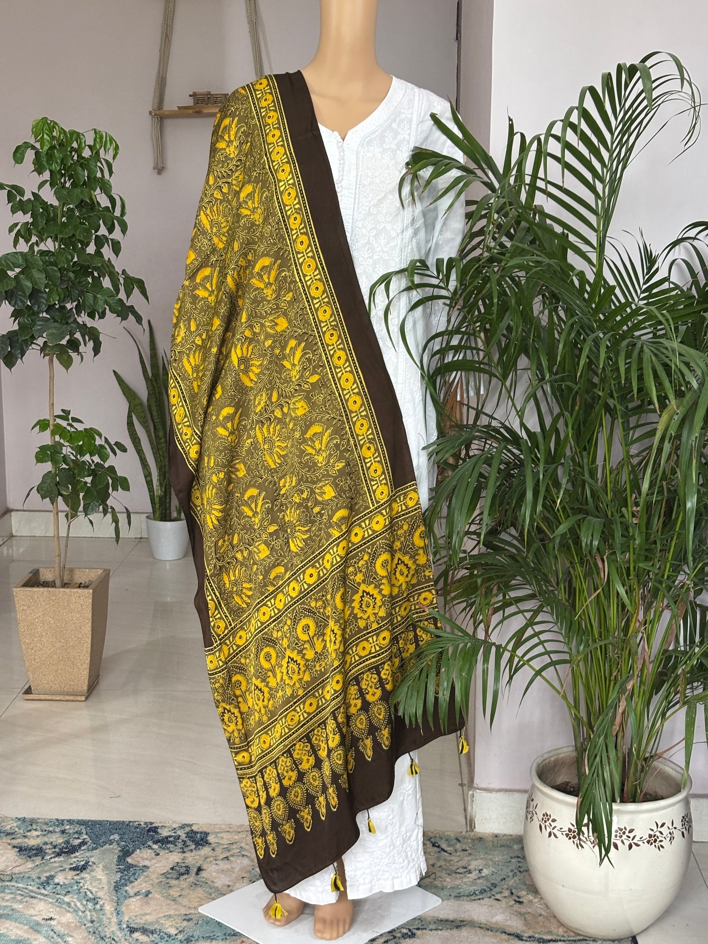 Phool - Kashish and Yellow Colour  Ajrakh Modal Stole With Floral Motif
