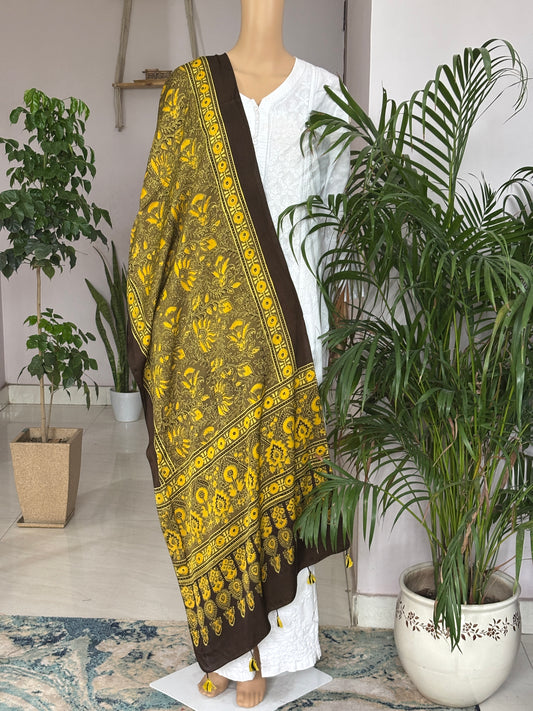 Phool - Kashish and Yellow Colour  Ajrakh Modal Stole With Floral Motif