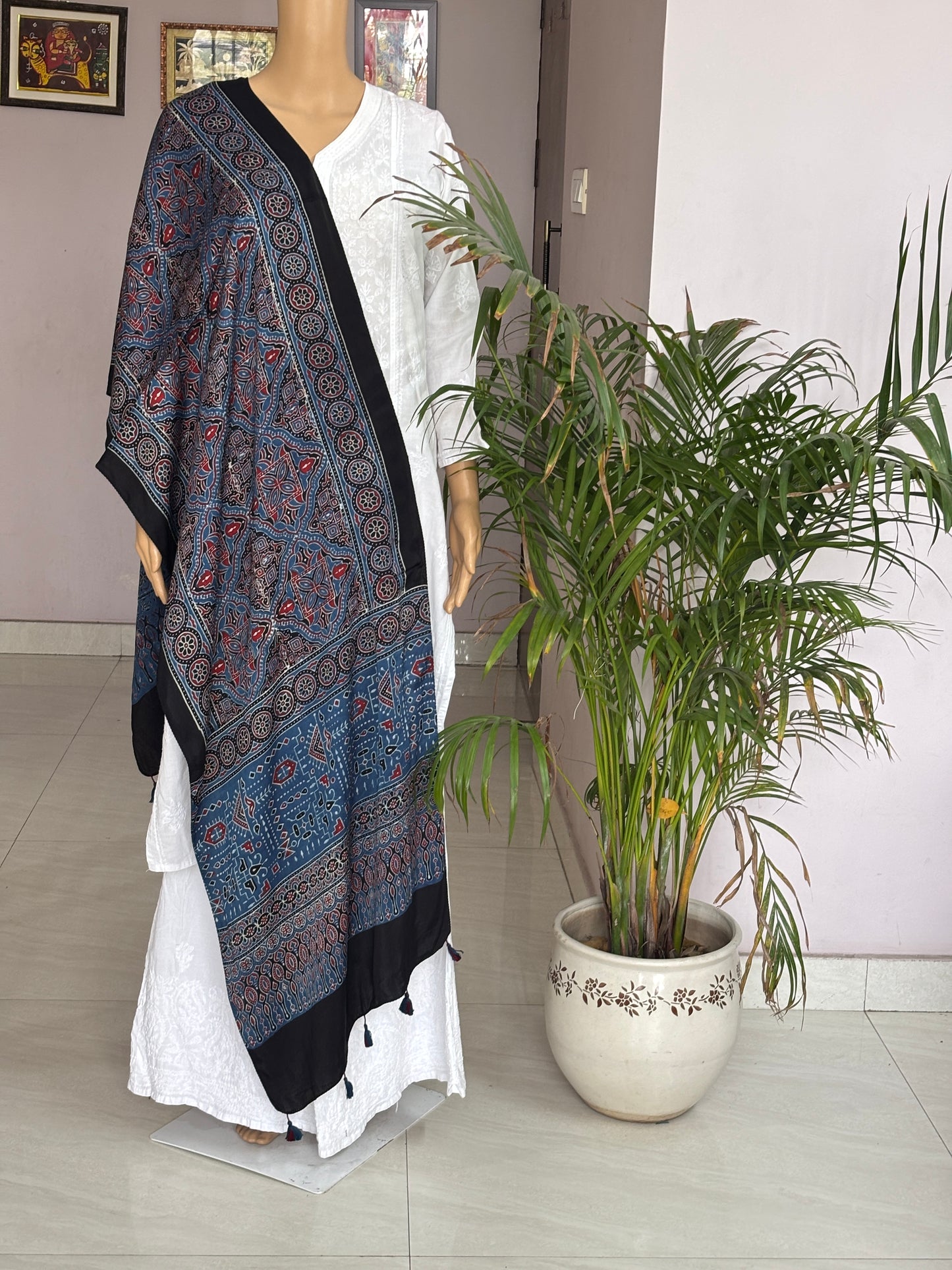 Indigo Colour Colour Natural Dyed Ajrakh Hand Block Printed Motif Modal Stole