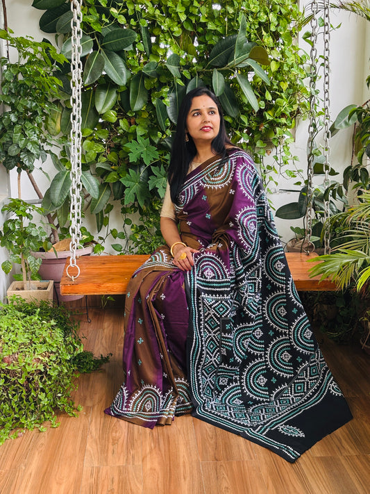 Gujarati Hand Embroidered Pure Bangalore Silk Saree in Multi Colour Tie and Dyed Body and Black Palla