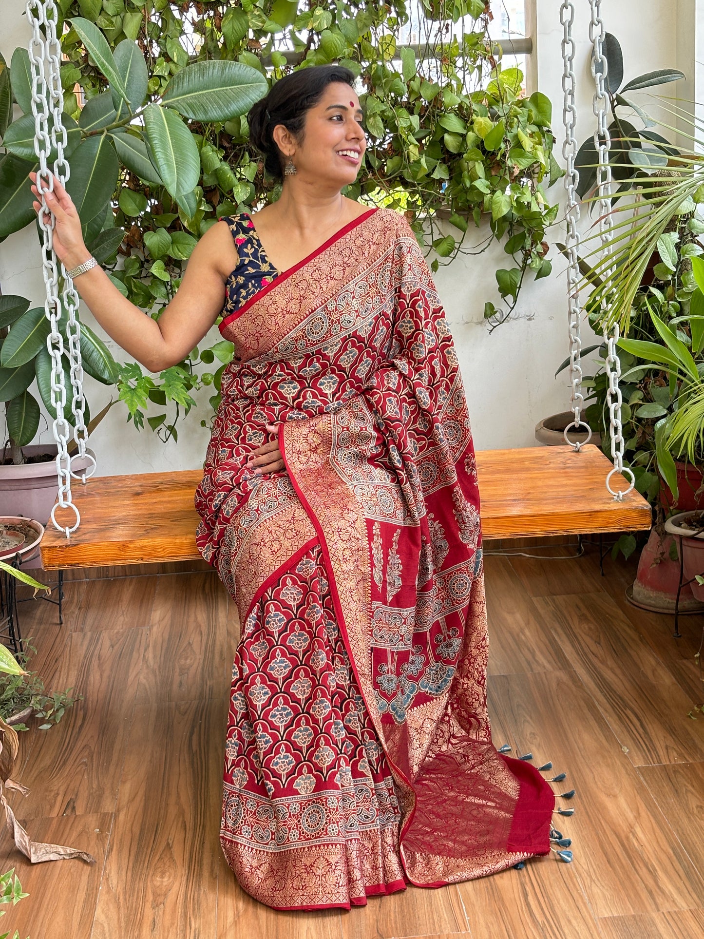 Mokshi- Natural Dyed Geometrical Motif Ajrakh Dola Silk Saree