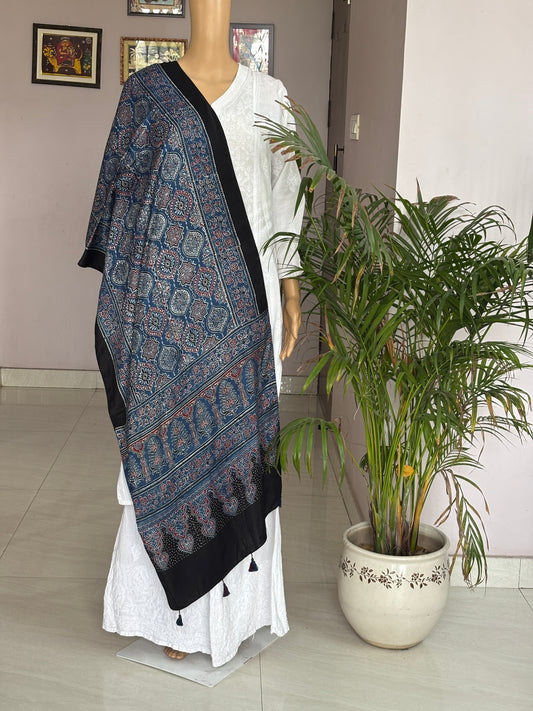 Indigo Natural Dyed Ajrakh Hand Block Printed Badambuta Motif Modal Stole