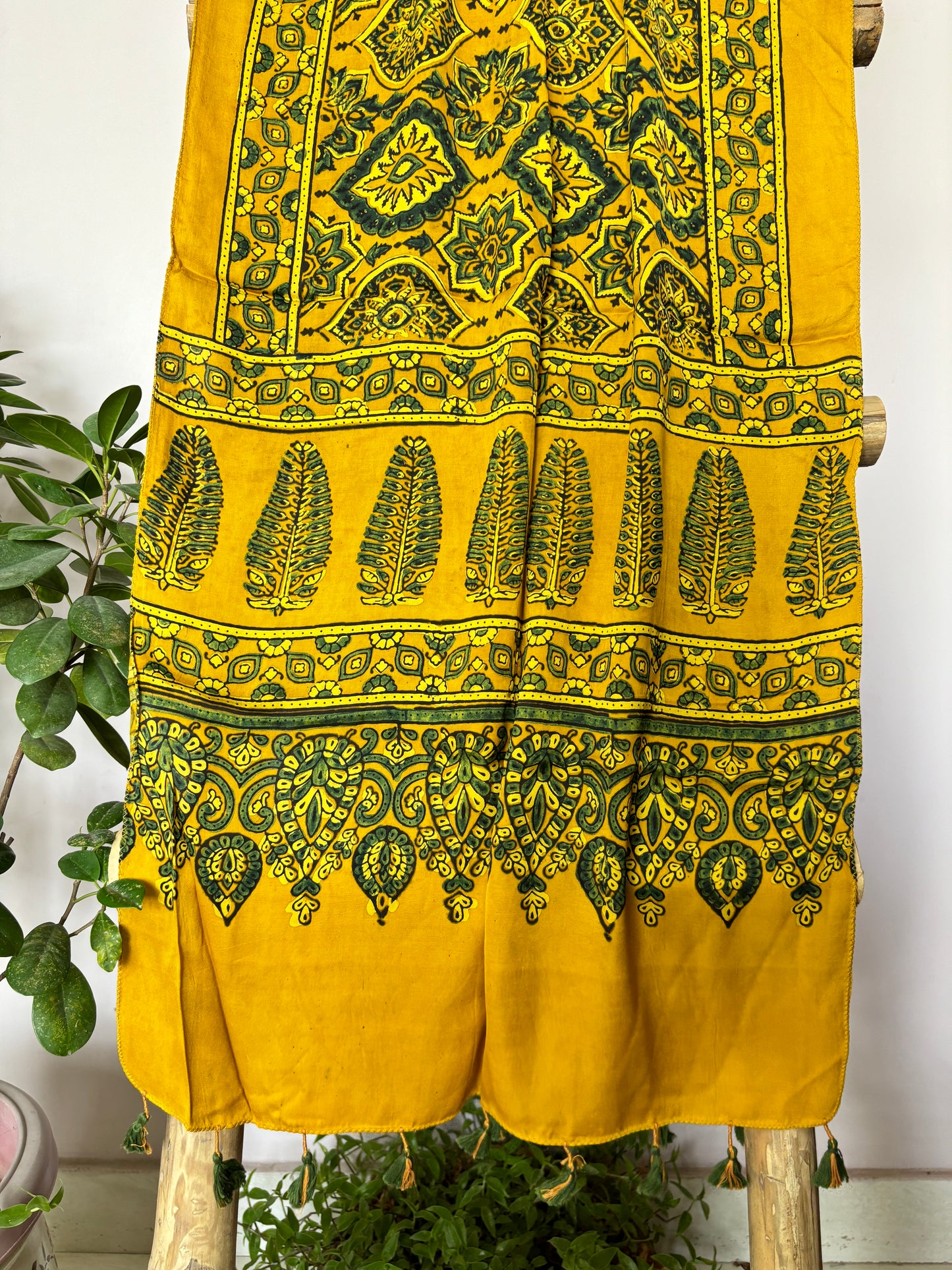 Ajrakh Stole- Natural Dyed Yellow Colour Badambuta Stole