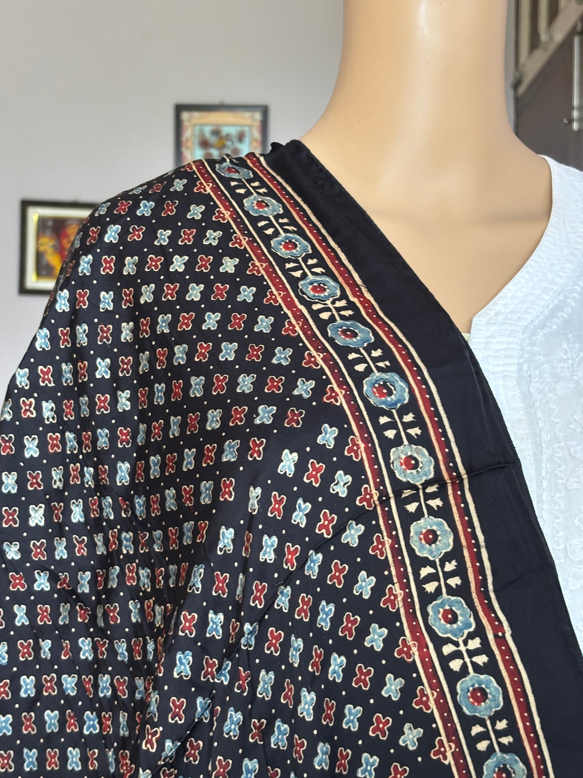 Ajrakh modal stole, pure modal, closer view.