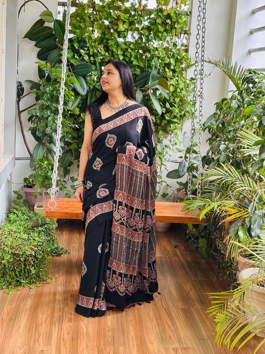 Adda - Natural Dyed Black Colour Ajrakh Pure Modal Saree