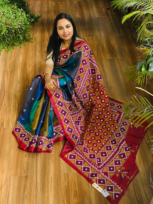 Gujrati Hand Embroidered Pure Tussar Silk Saree in Multi Colour Body and Rust Red Palla