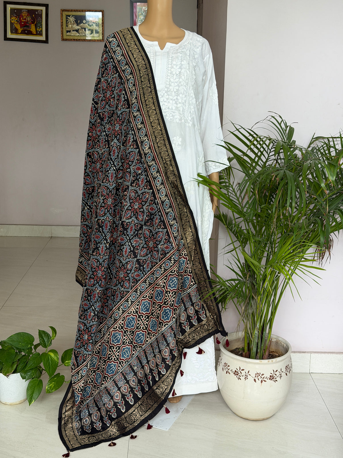 Ajrakh Dola Silk Dupatta With Zari Weaved Border
