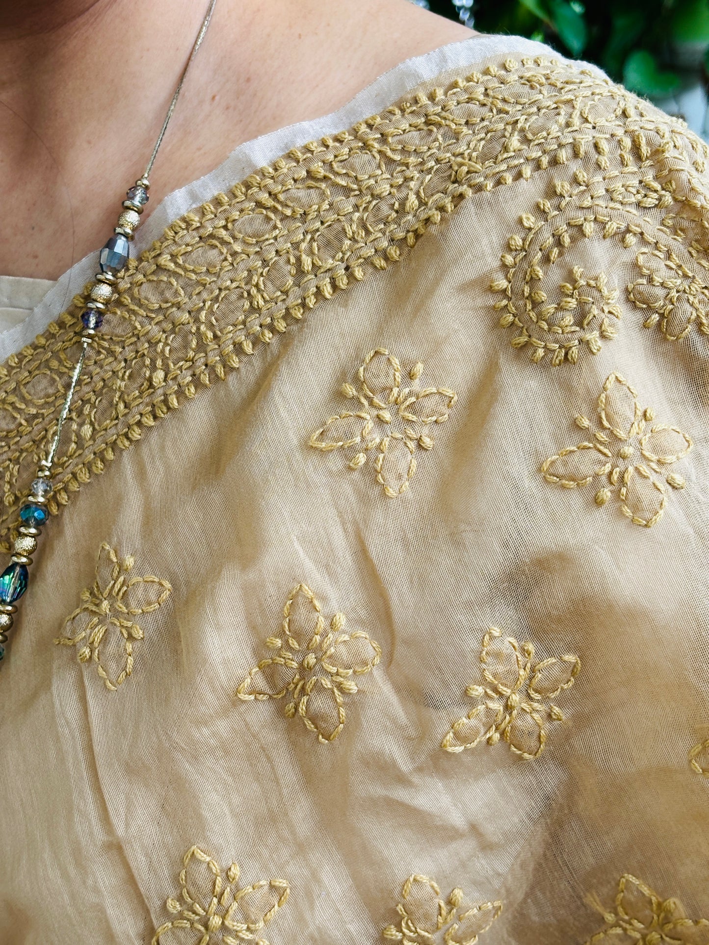 Light Golden Colour Chrushed Candri Cotton Chikankari Hand Embroidered Saree