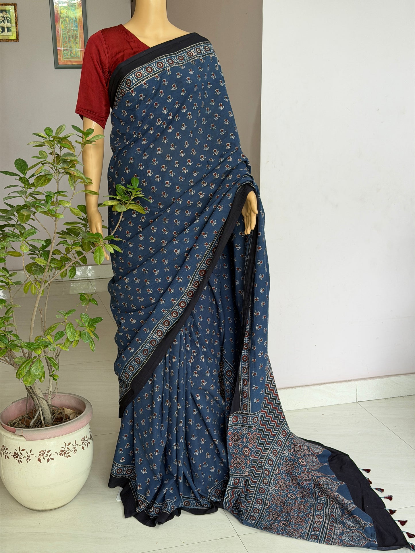 Cotton Ajrakh Hand Block Printed Contemporary Saree