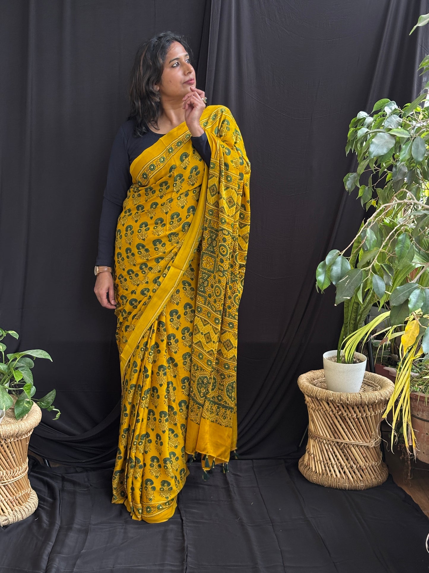 Sunflower  - Yellow Ajrakh Modal Saree