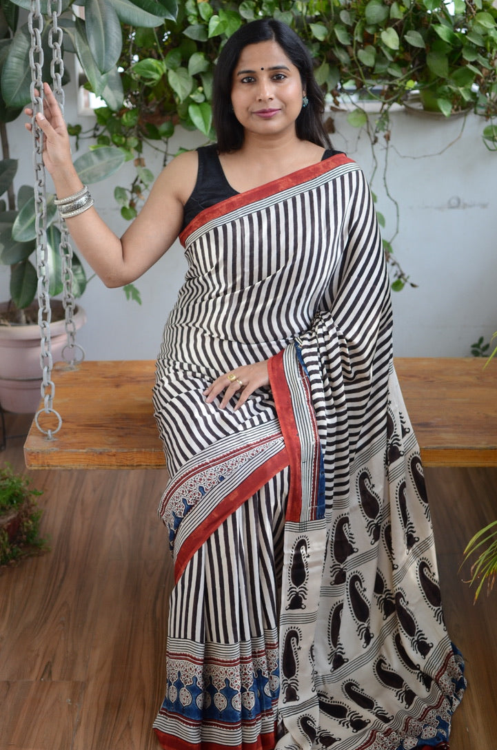 Sathiya (Natural Dyed Pale Ivory and Madder Stripe Motif Modal Saree)