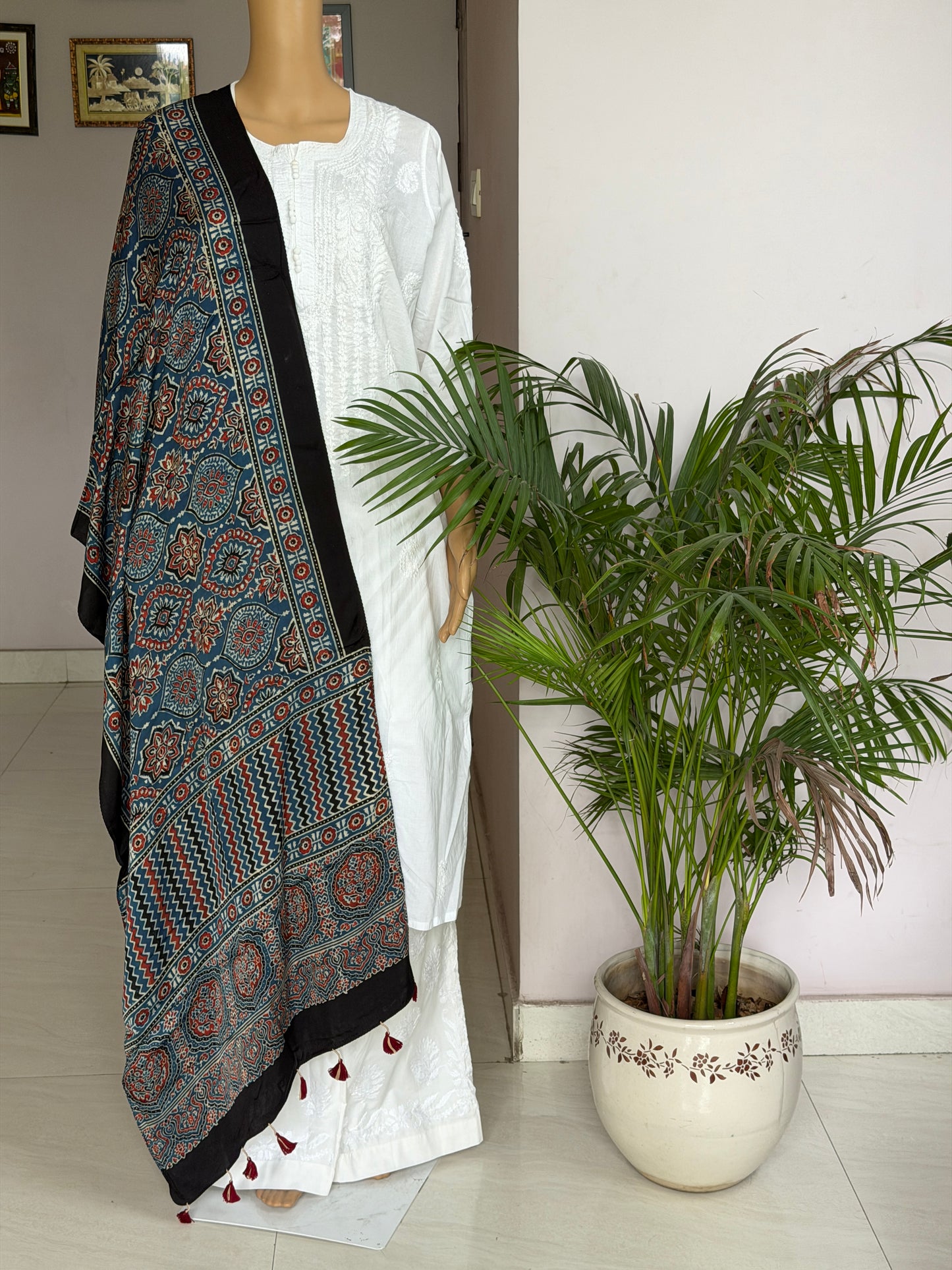 Indigo Natural Dyed Ajrakh Hand Block Printed Modal Stole