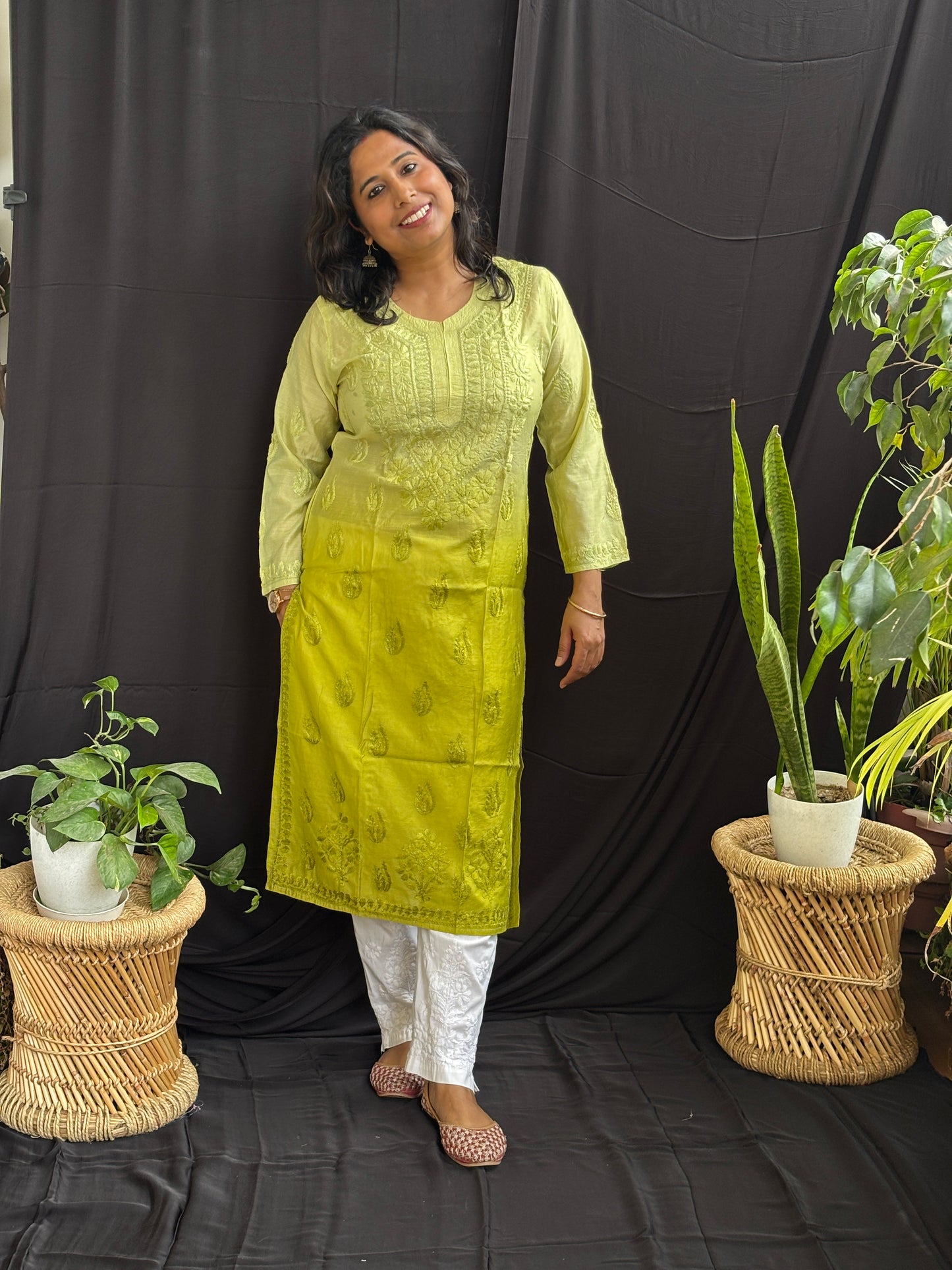 Chanderi Cotton Chikan Hand Embroidered Ombre Dyed Kurti