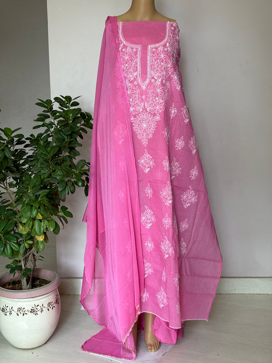 Pink  Chikankari Hand Embroidered Shirt and Bottom with Chiffon Dupatta