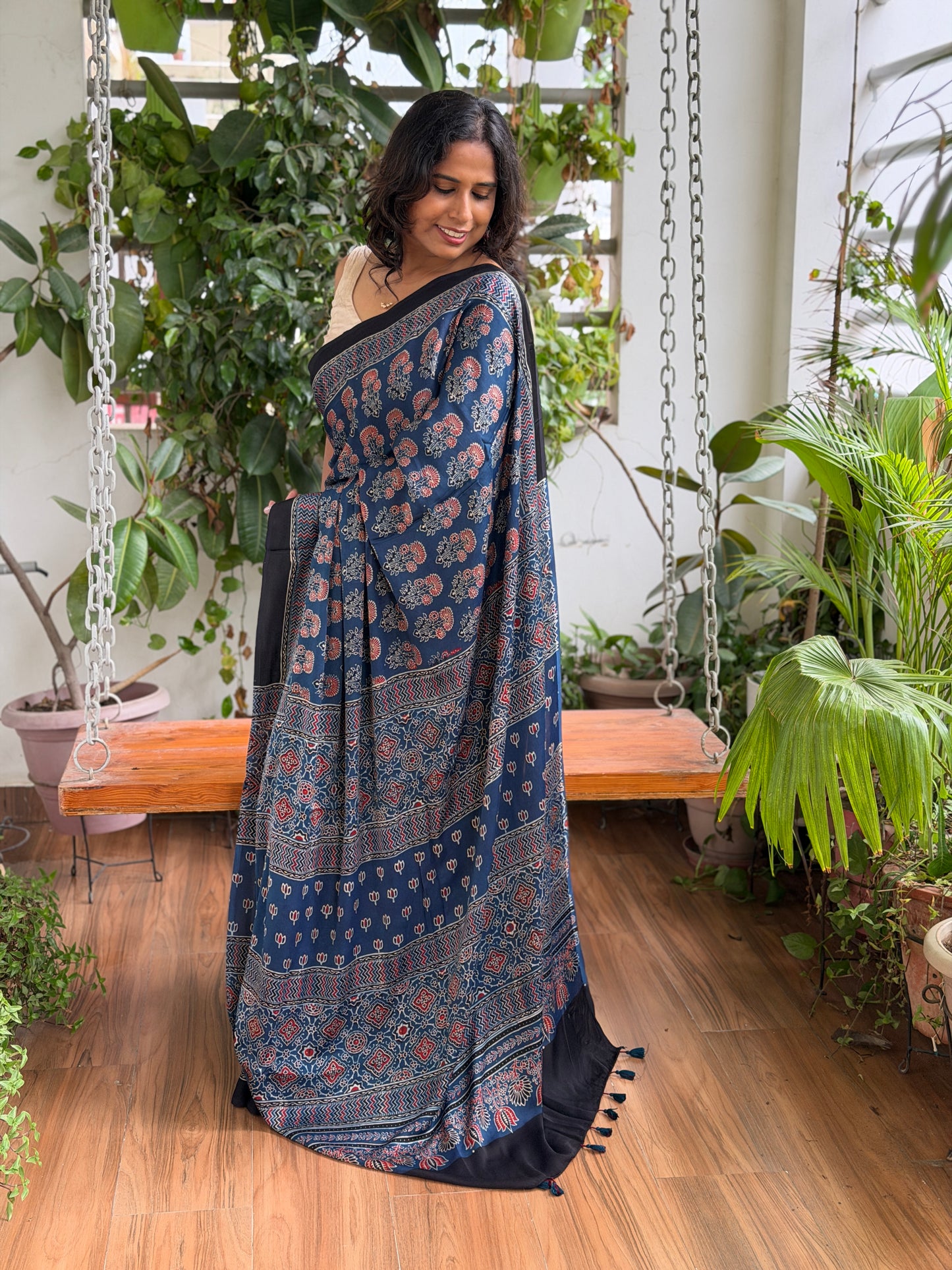 Ajrakh Modal Indigo Saree