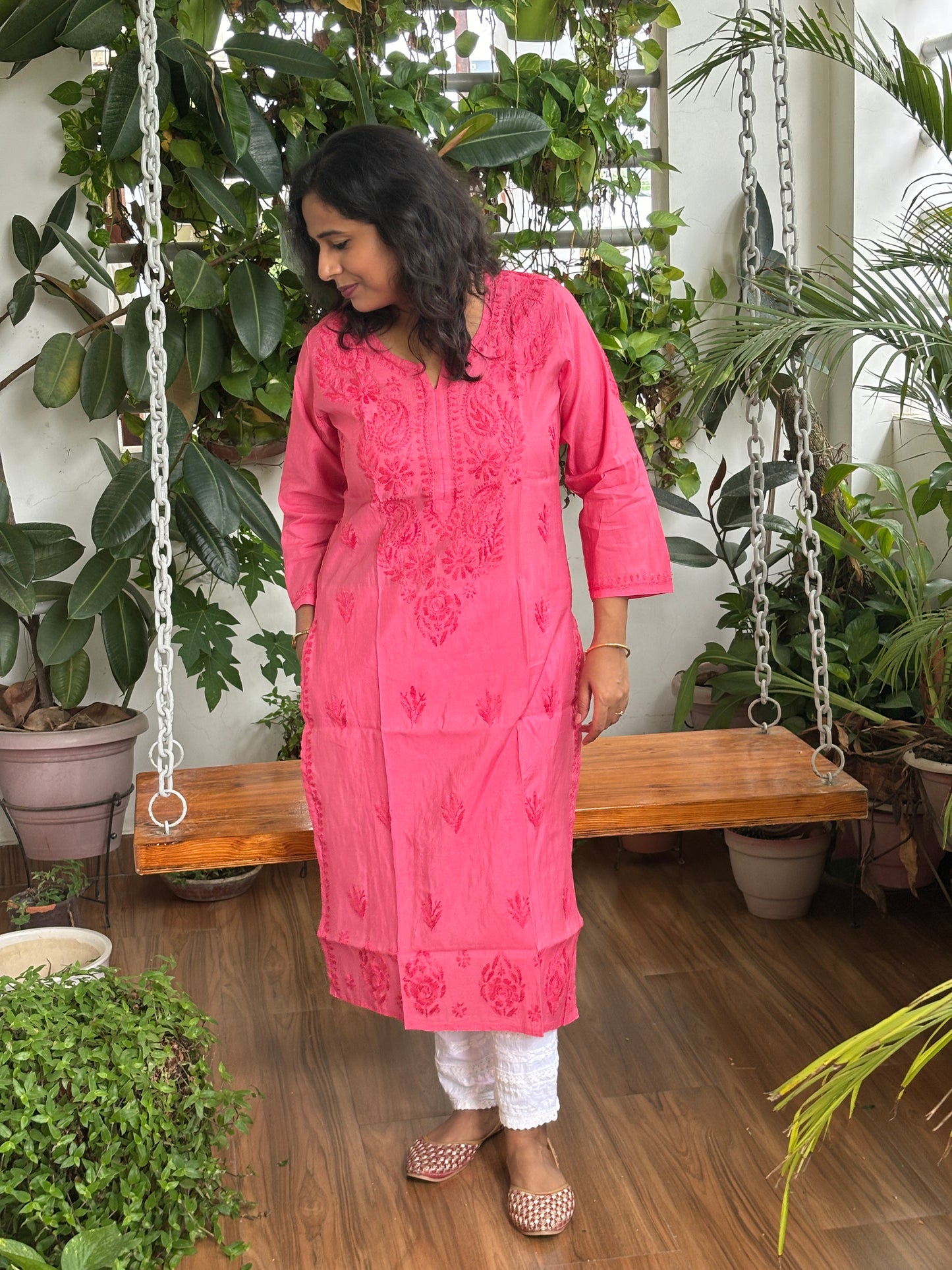 Bubblegum Pink Chanderi Chikan Hand Embroidered Kurti