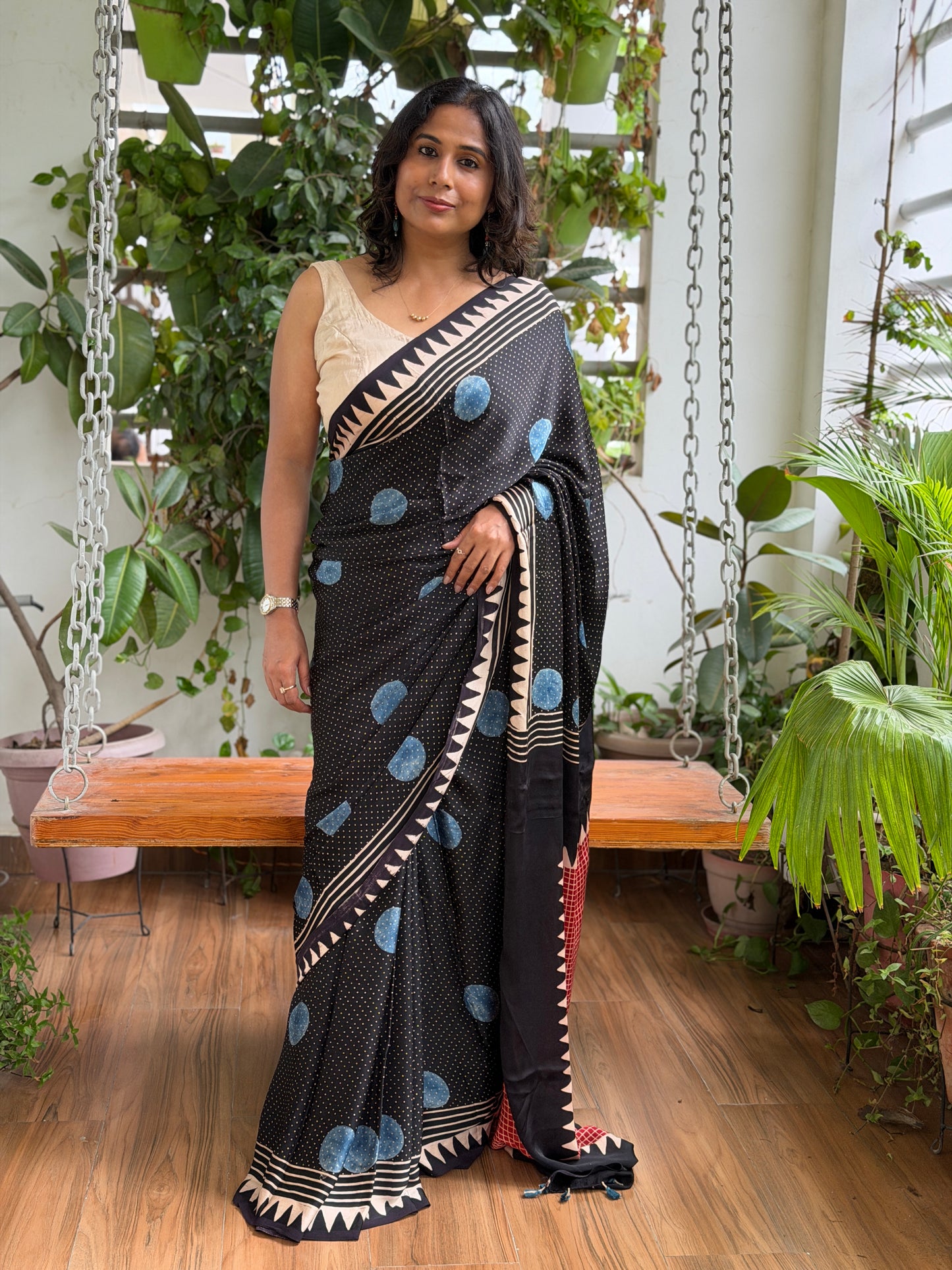 Ajrakh Modal Black and Indigo Contemporary Saree