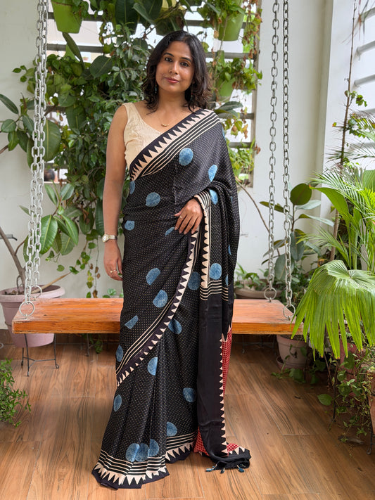 Ajrakh Modal Black and Indigo Contemporary Saree