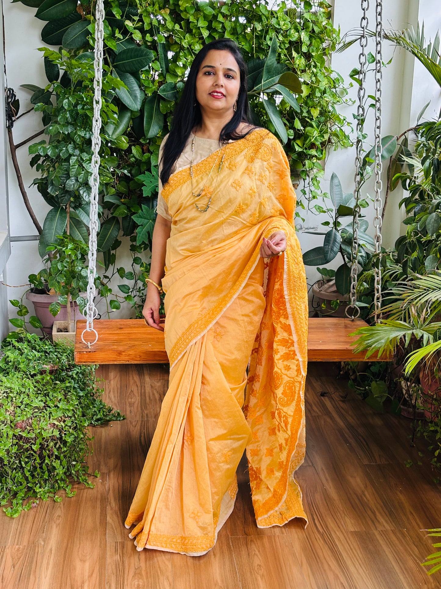 Yellow Light Chrushed Candri Cotton Chikankari Hand Embroidered Saree