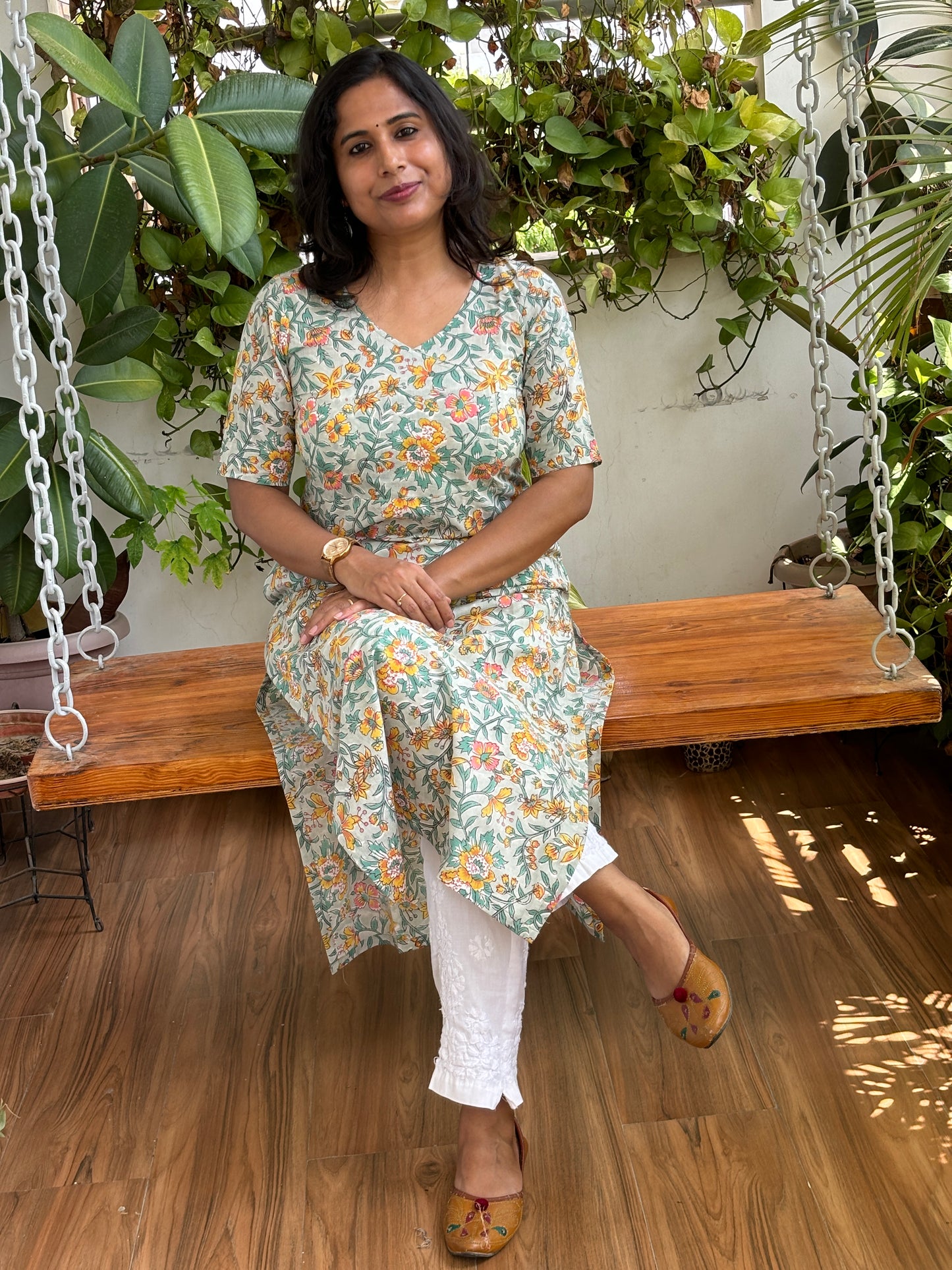 Sangeneri Block Printed Straight Long Kurti With Pocket