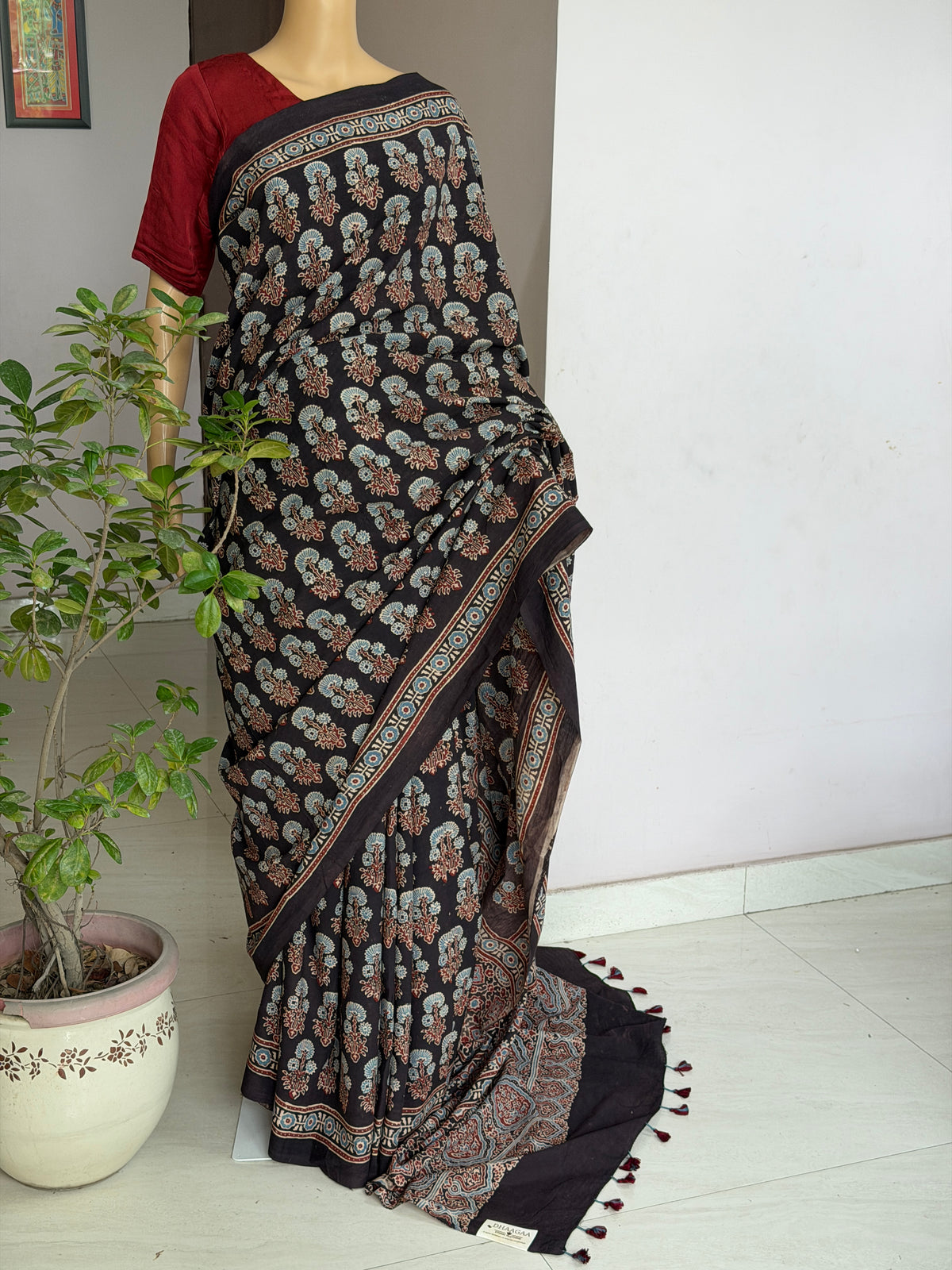 Cotton Ajrakh Hand Block Printed Contemporary Saree