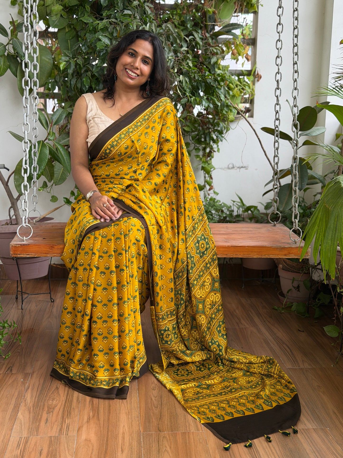 Ajrakh Modal Yellow Classic Saree