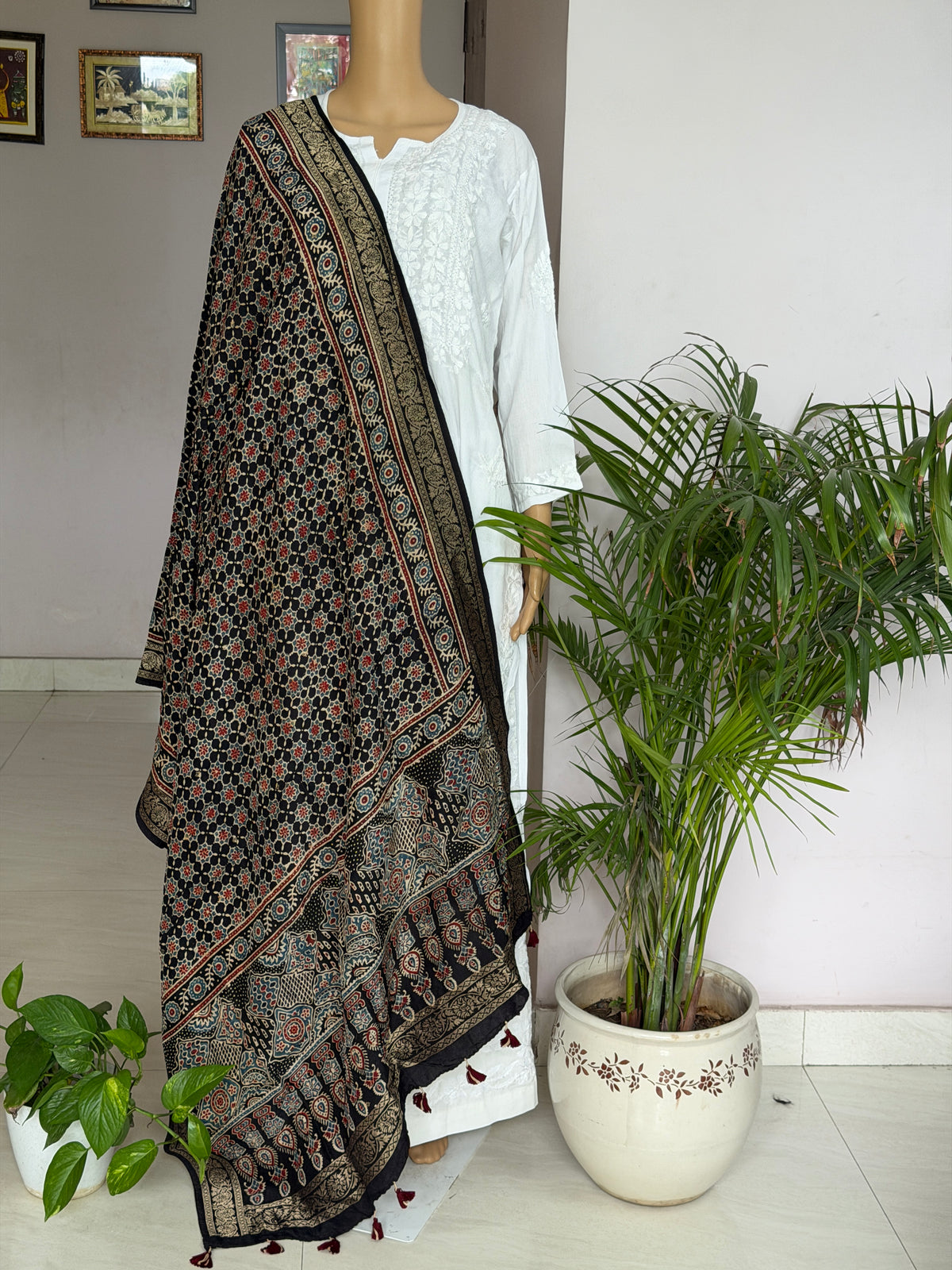 Ajrakh Dola Silk Dupatta With Zari Weaved Border