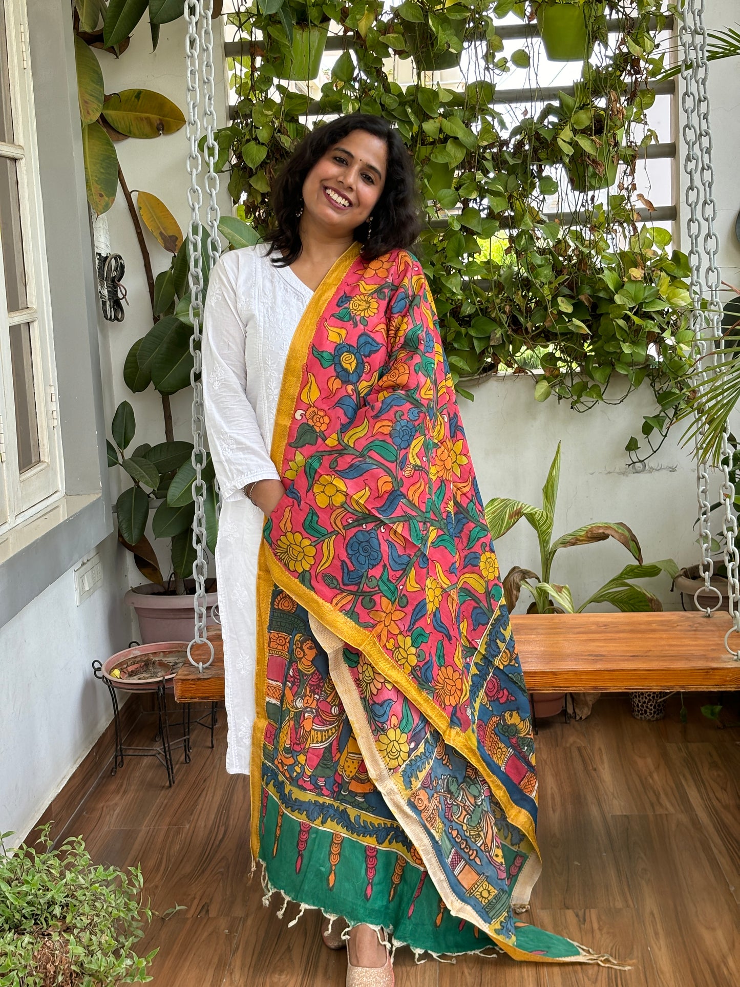 Pink- Srikalahasti Pen Kalamkari Silk Cotton With Zari Weaved Border Dupatta