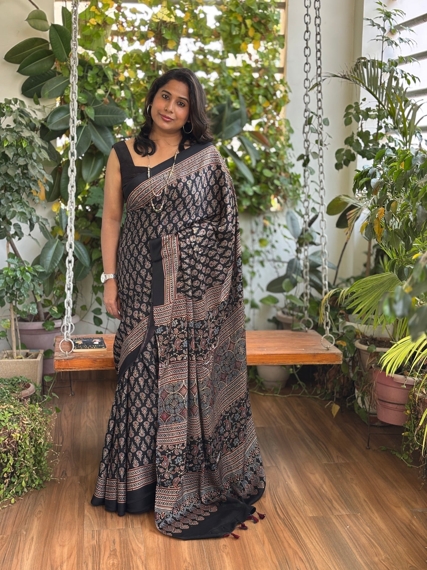 Red Ajrakh Modal Saree, Ajrakh modal saree, Front view 