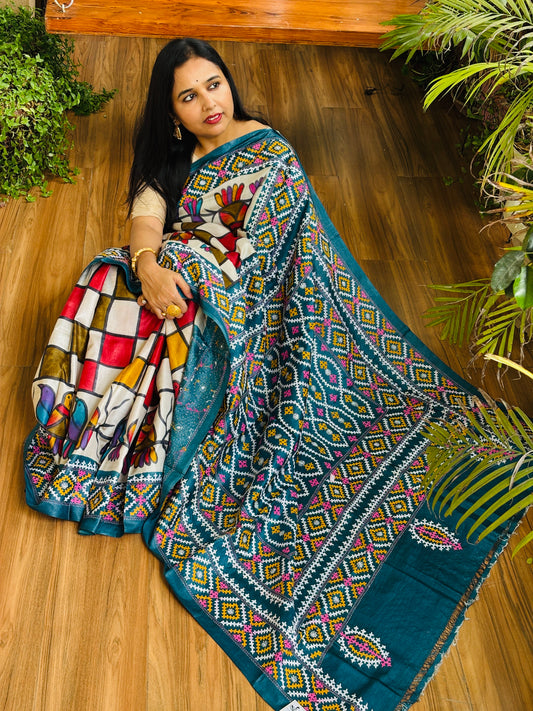 Gujarati Hand Embroidered Pure Tussar Silk Saree With Contemporary Hand Paint