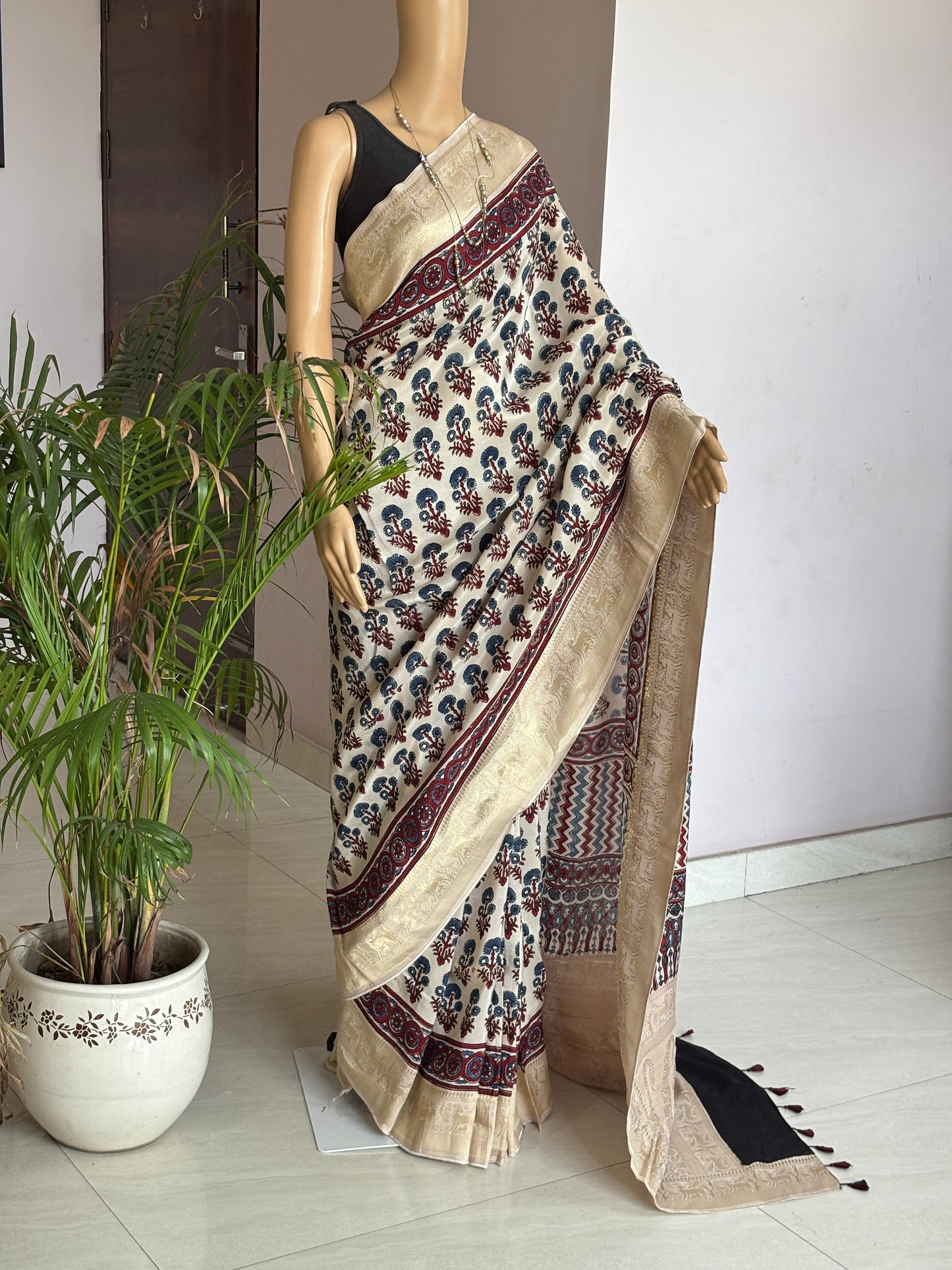 Pale Ivory Ajrakh Hand Block Printed Marigold Motif Dola Silk Saree
