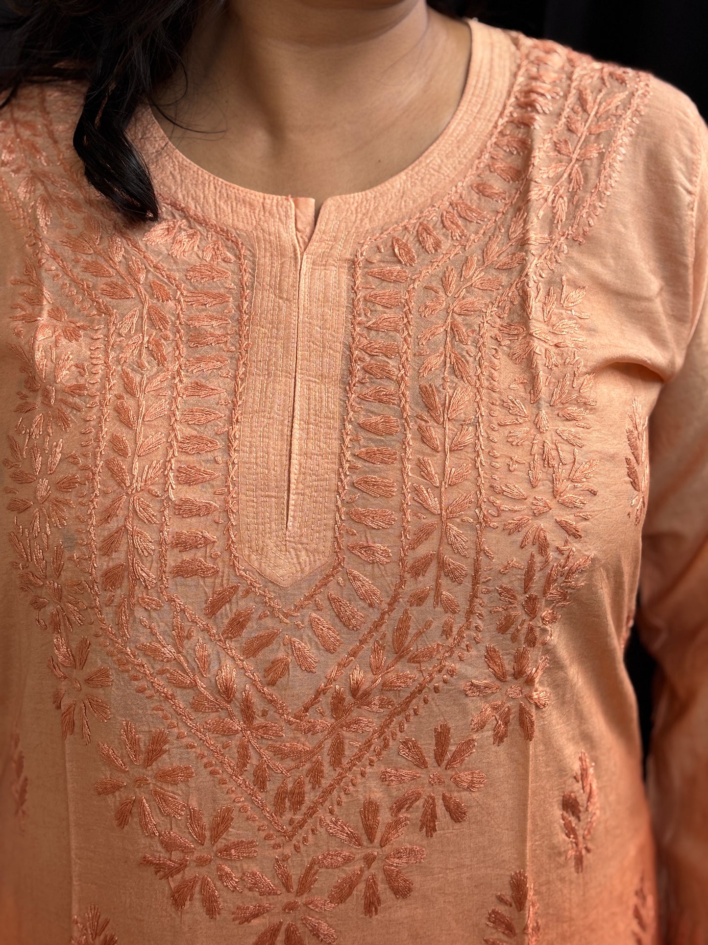 Chanderi Cotton Chikan Hand Embroidered Ombre Dyed Kurti (Copy)
