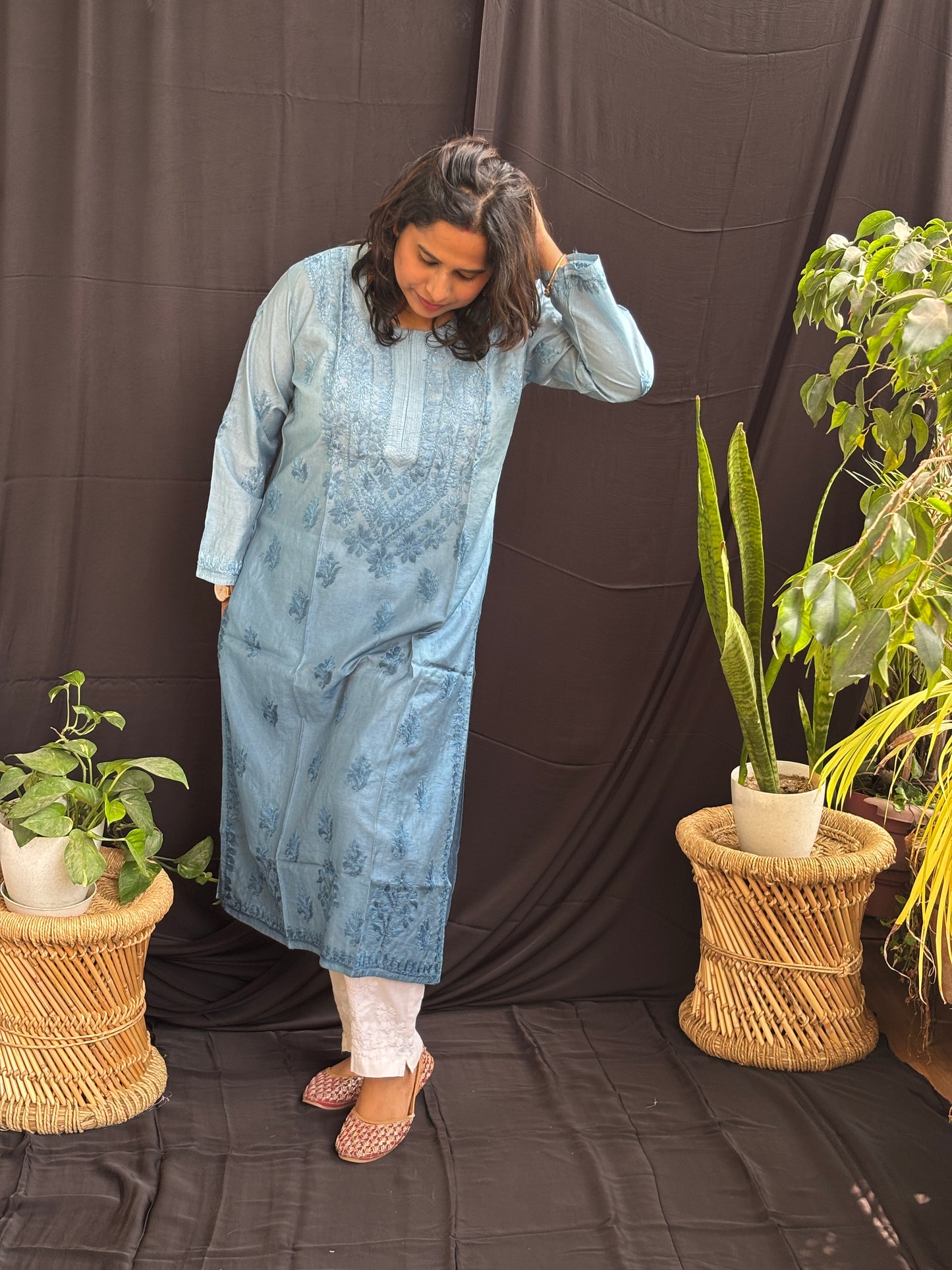 Chanderi Cotton Chikan Hand Embroidered Ombre Dyed Kurti