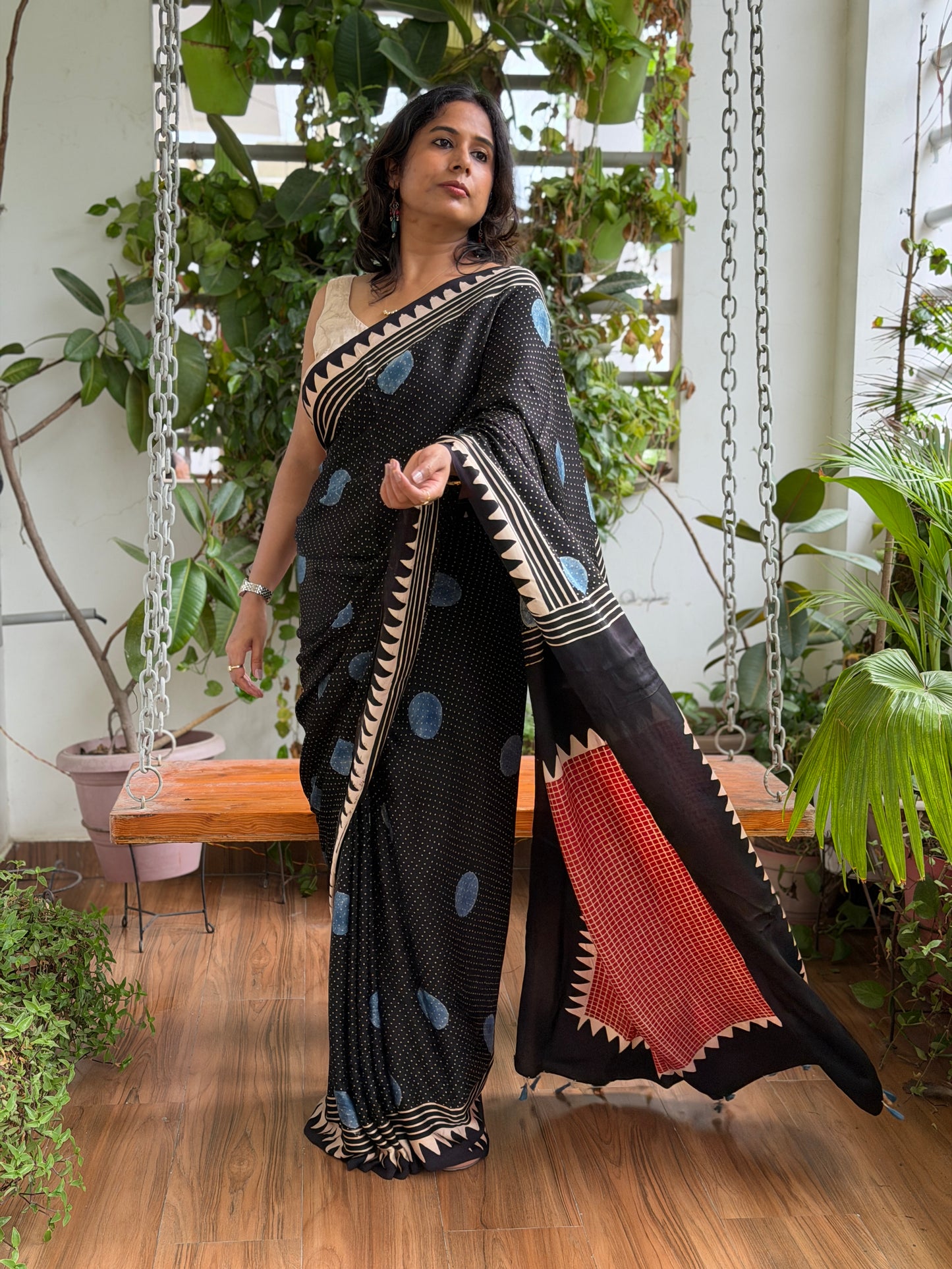 Ajrakh Modal Black and Indigo Contemporary Saree