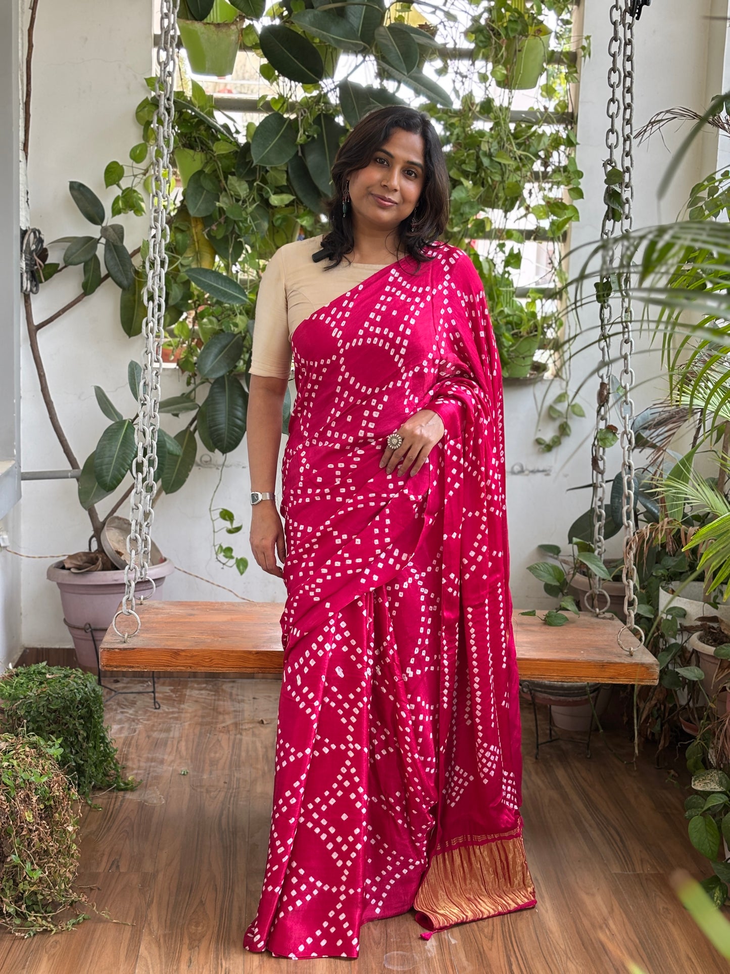 Solid Colour Semi Modal Saree with Bandhej and Tissue Palla