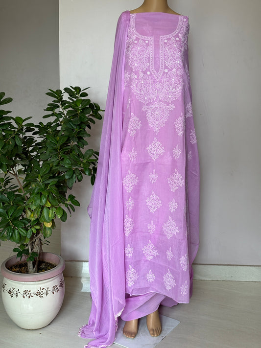 Purple Coulor  Chikankari Hand Embroidered Shirt and Bottom with Chiffon Dupatta