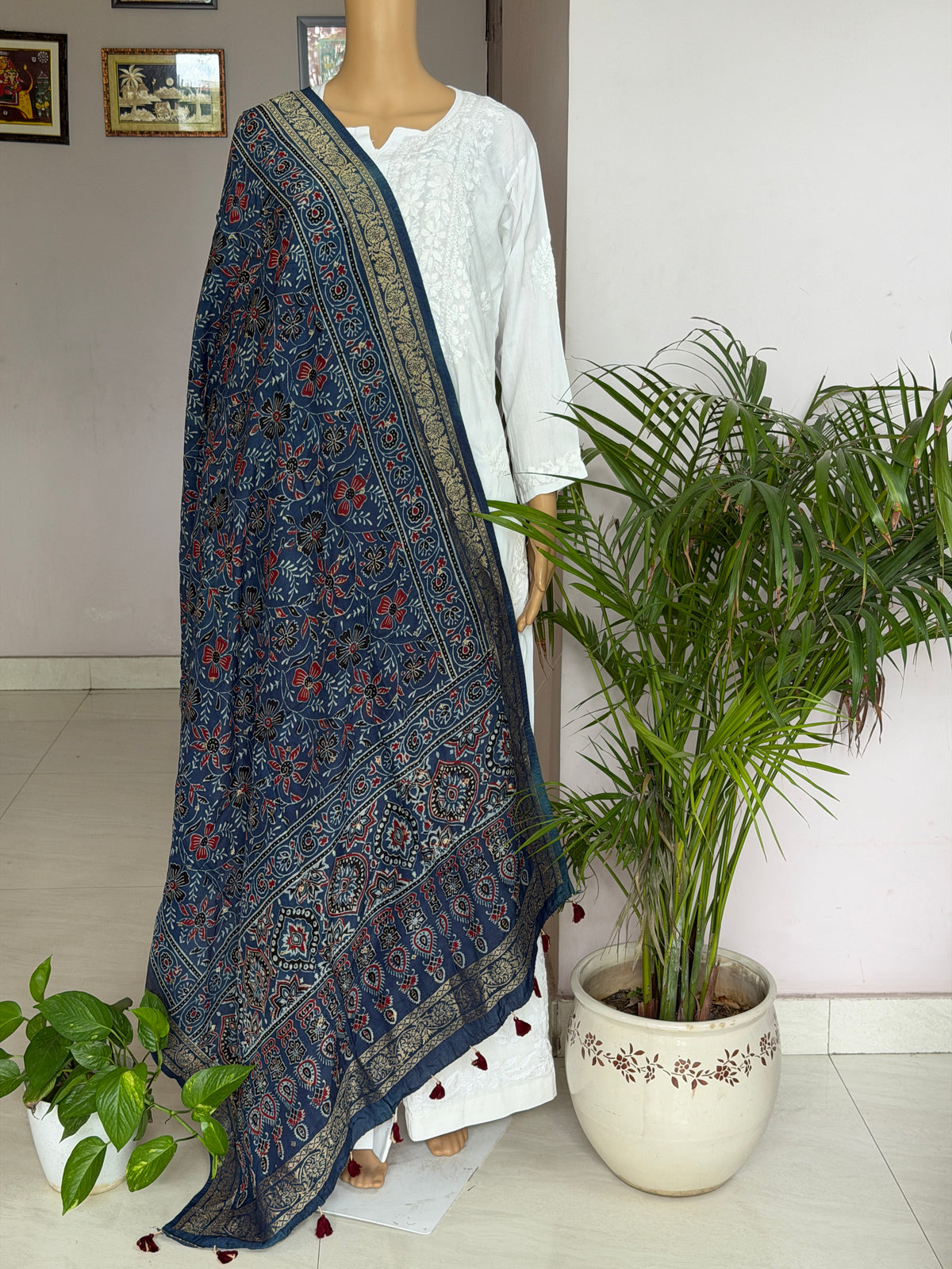 Ajrakh Dola Silk Dupatta With Zari Weaved Border