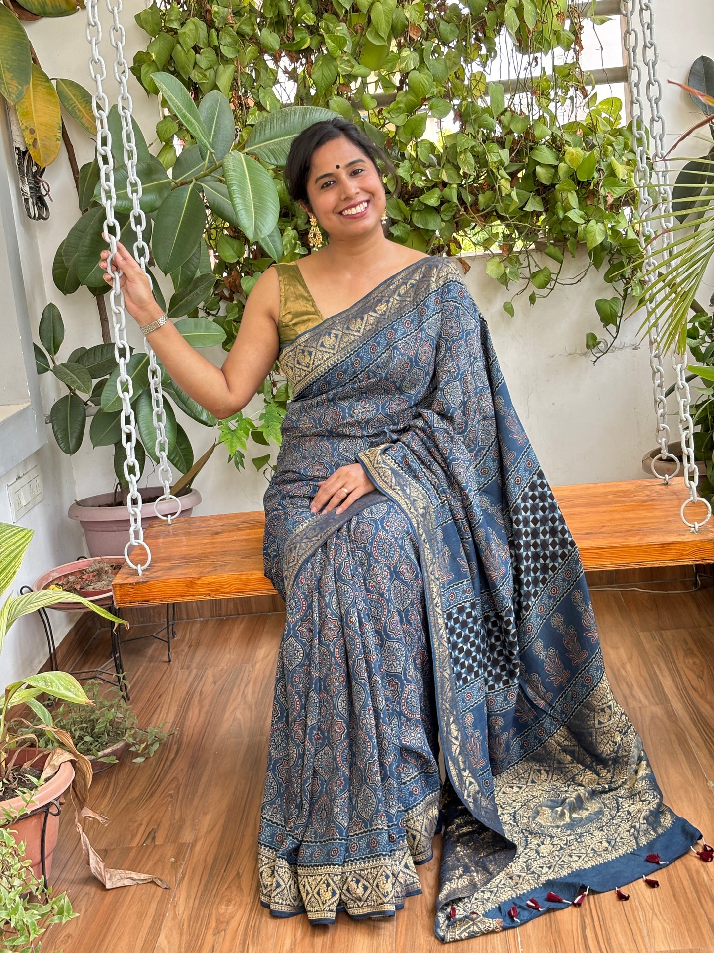 Neer- Natural Dyed Indigo Badamduta Motif Dola Silk Sarees