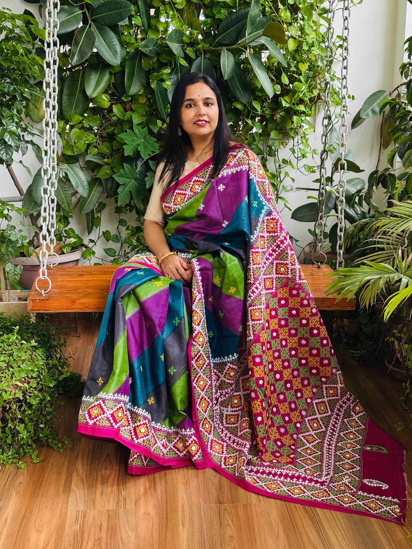 Gujarati Hand Embroidered Pure Tussar Silk Saree in Multi Colour Body and Magenta Palla