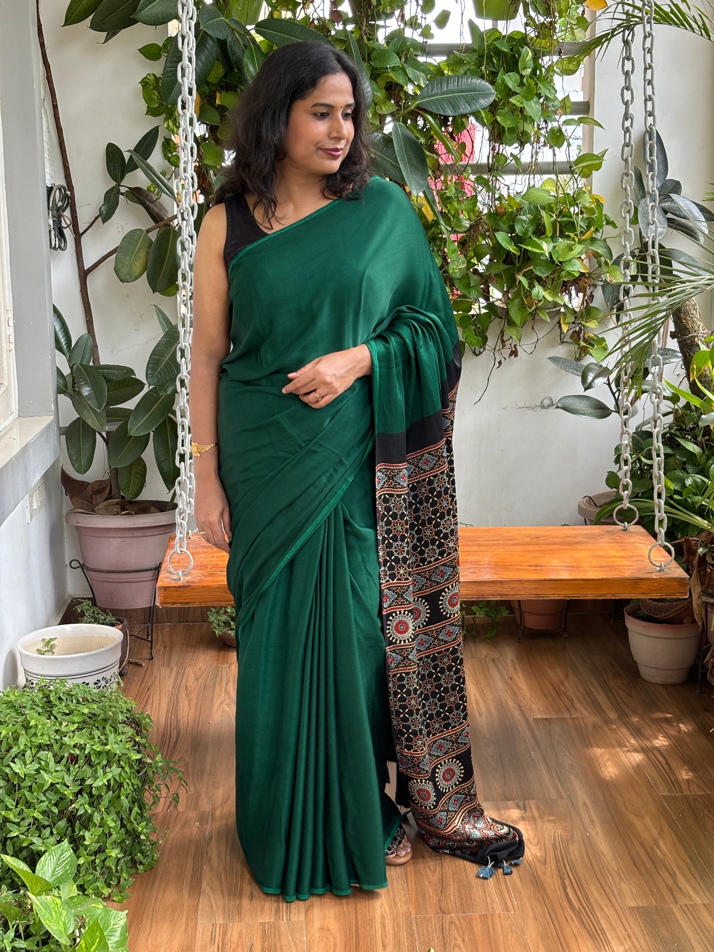 Elora - Green Solid Colur Body With Natural Dyed Black Ajrakh Anchal