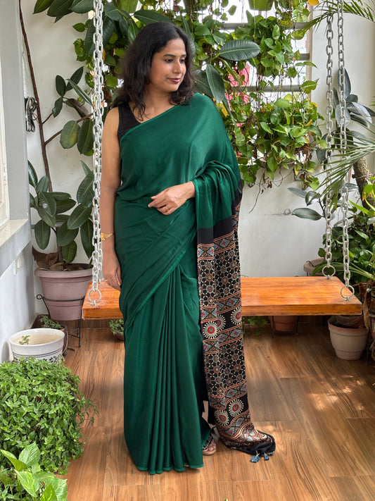 Elora - Green Solid Colur Body With Natural Dyed Black Ajrakh Anchal