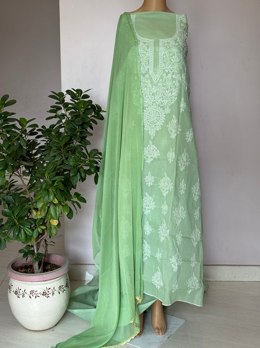 Pista Green Chikankari Hand Embroidered Shirt and Bottom with Chiffon Dupatta (2)