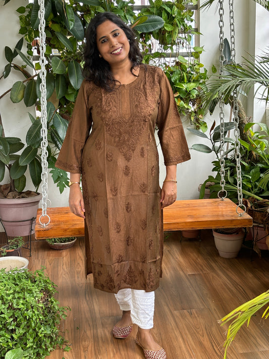 Coke Colour Chanderi Chikan Hand Embroidered Kurti