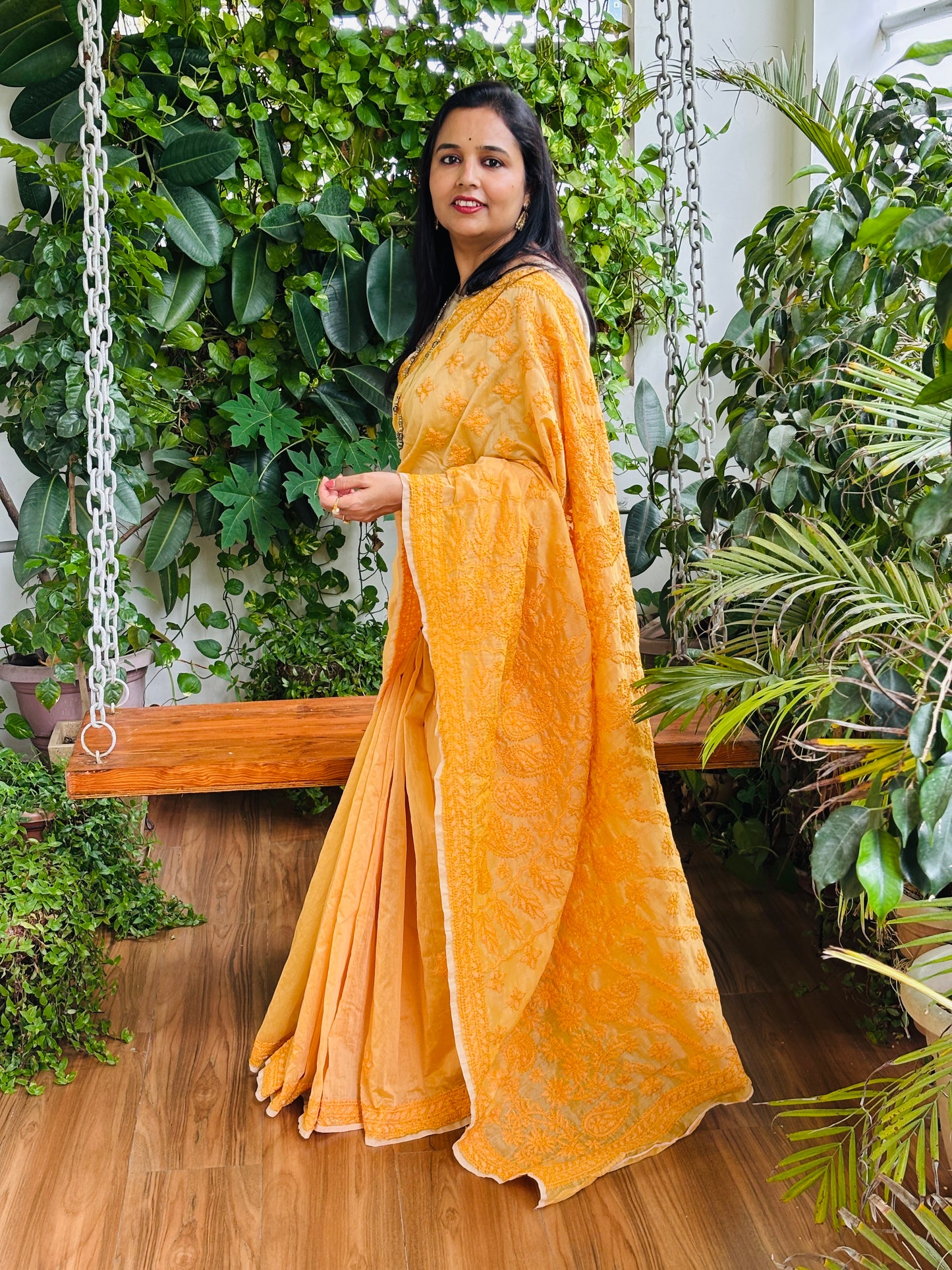 Yellow Light Chrushed Candri Cotton Chikankari Hand Embroidered Saree