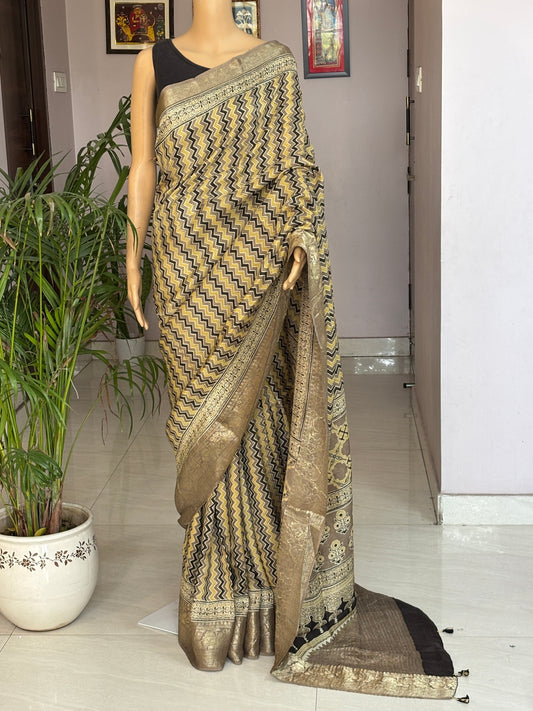 Pale Yellow Ajrakh Dola Silk Saree