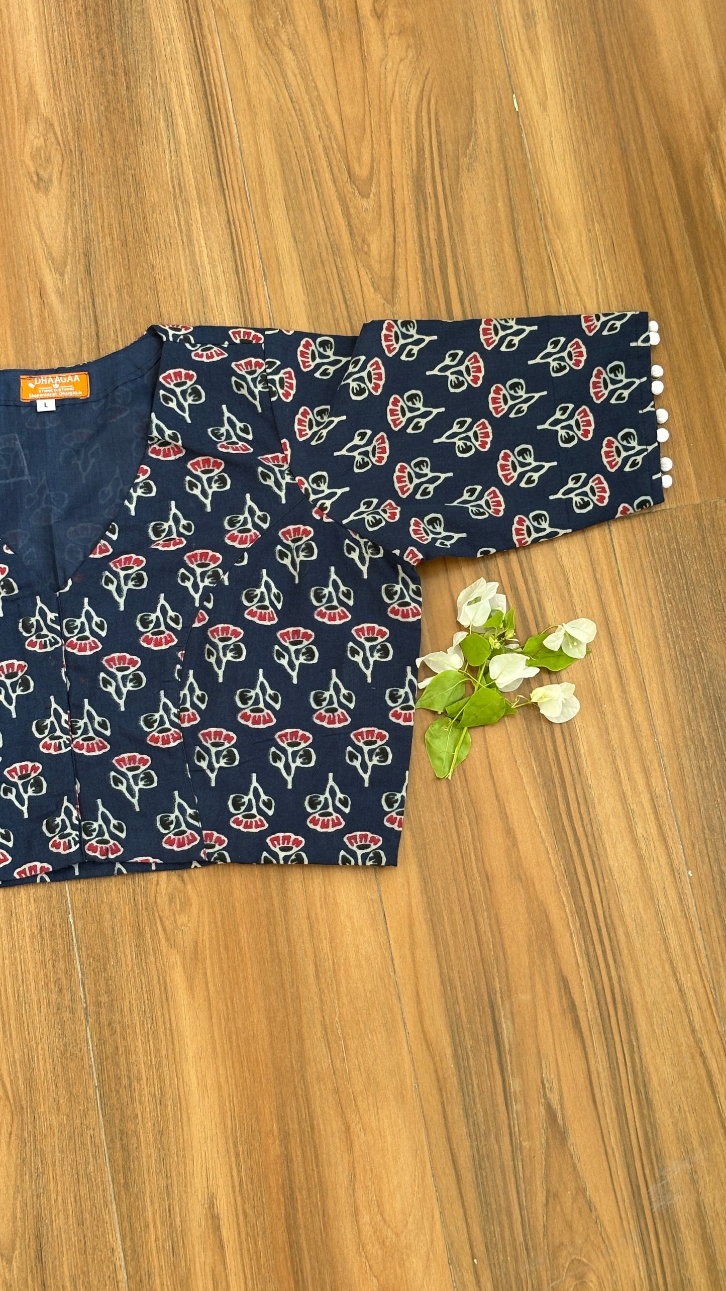 Indigo Small Floral Motif Cotton 'V' Neck Blouse With Cotton Lining. For size chart refer to the last picture