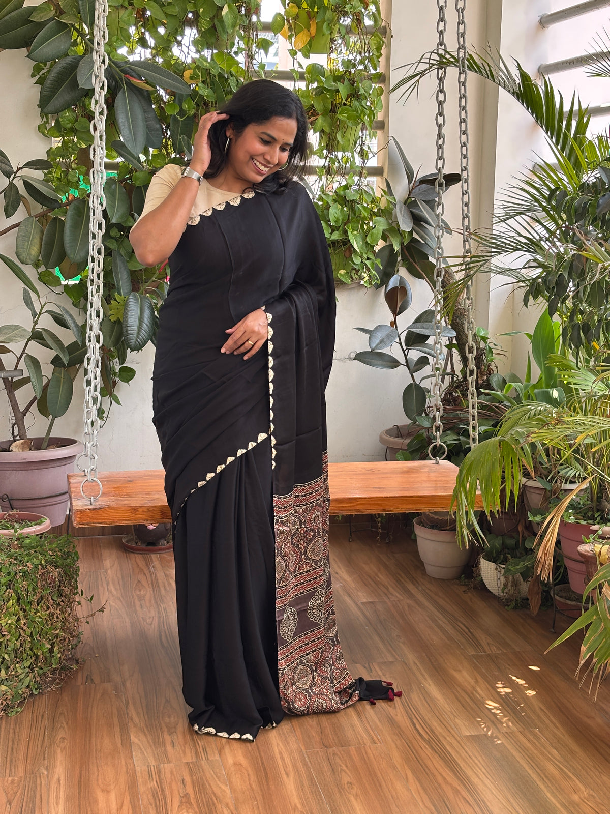  Black Colour Body Bandhej Border and Natural Dyed Ajrakh Anchal front view