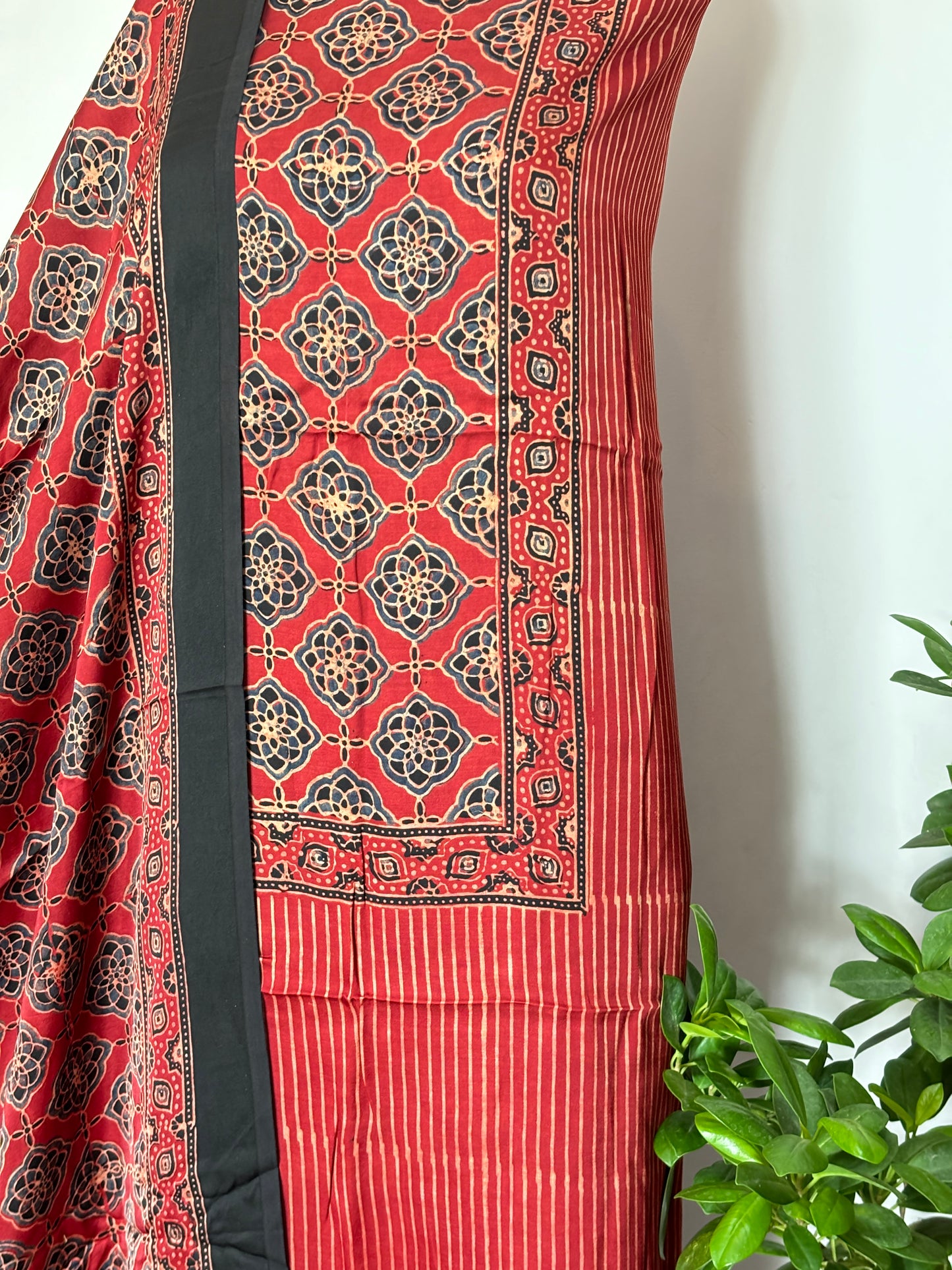 Natural Dyed Ajrakh Madder Colour Panel and Stripe Shirt and Beautiful Modal Dupatta