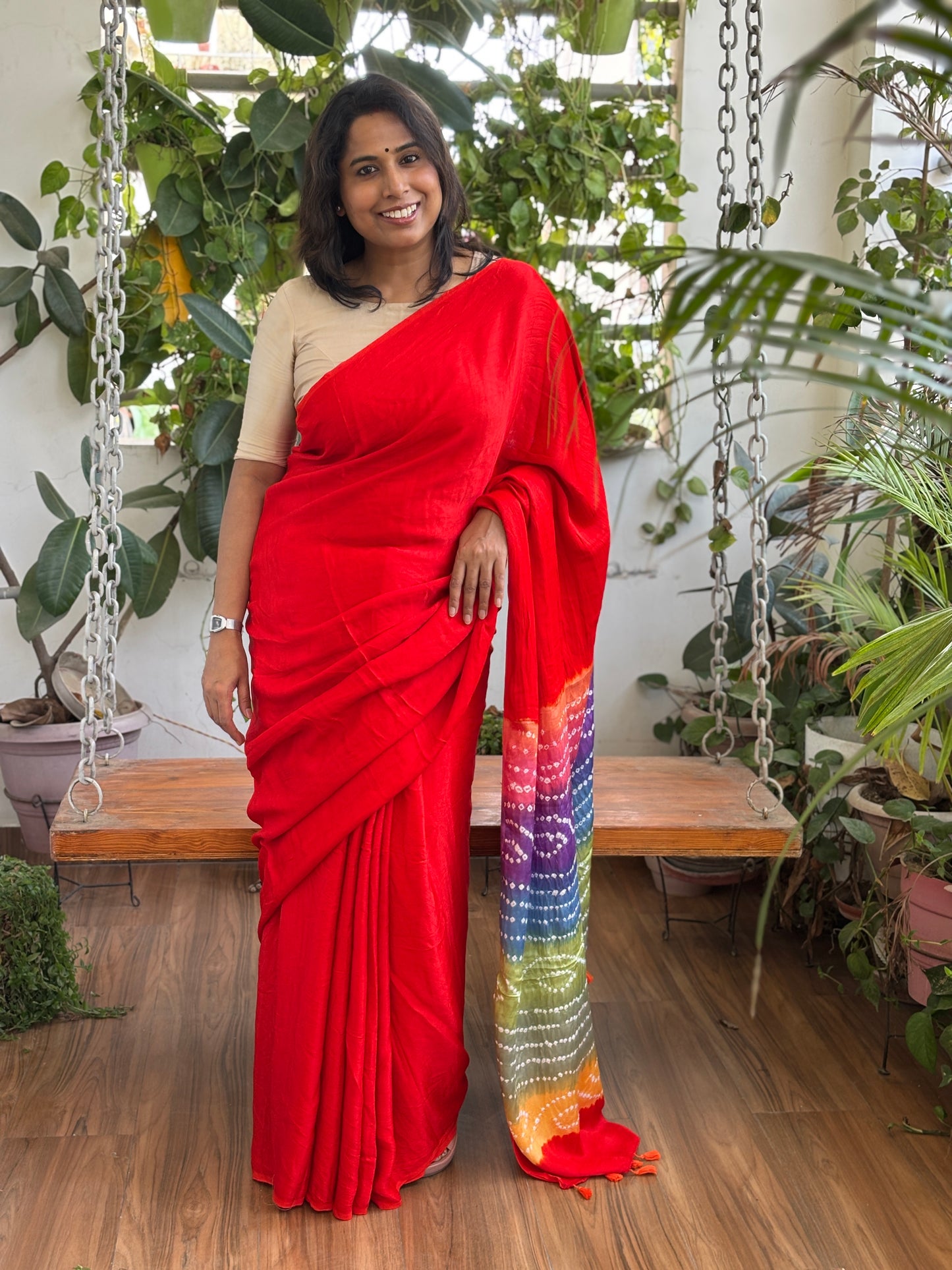 Orange Solid Colour  Semi Modal Saree with Multi Colour Bandhej Palla