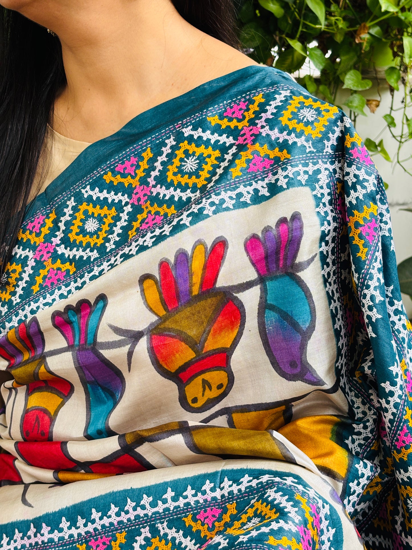 Gujarati Hand Embroidered Pure Tussar Silk Saree With Contemporary Hand Paint